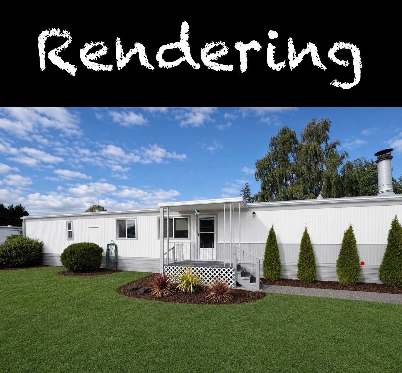 A rendering of the same manufactured home with new white siding and skirting