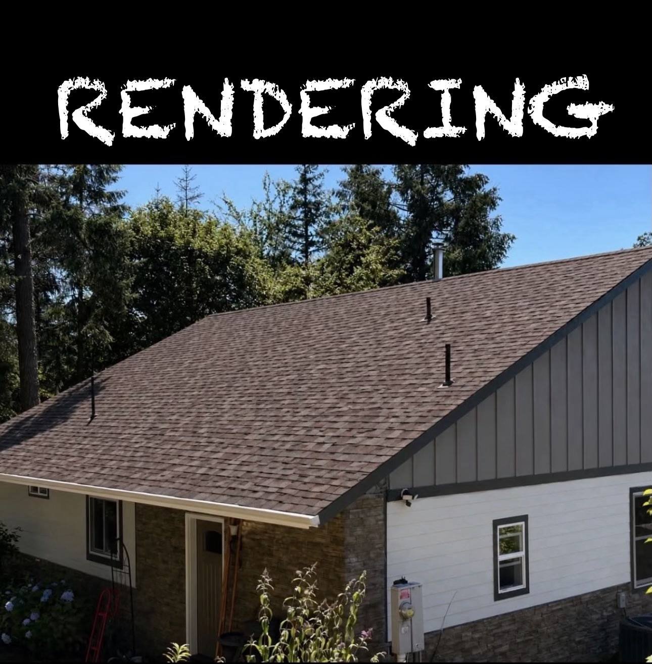 A rendering showing the same style of house with new brown architectural shingles