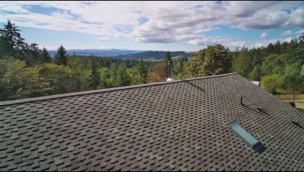Roofline with a skylight, looking out over the valley